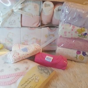 Baby girl lot booties, bodysuit, recieving blanket